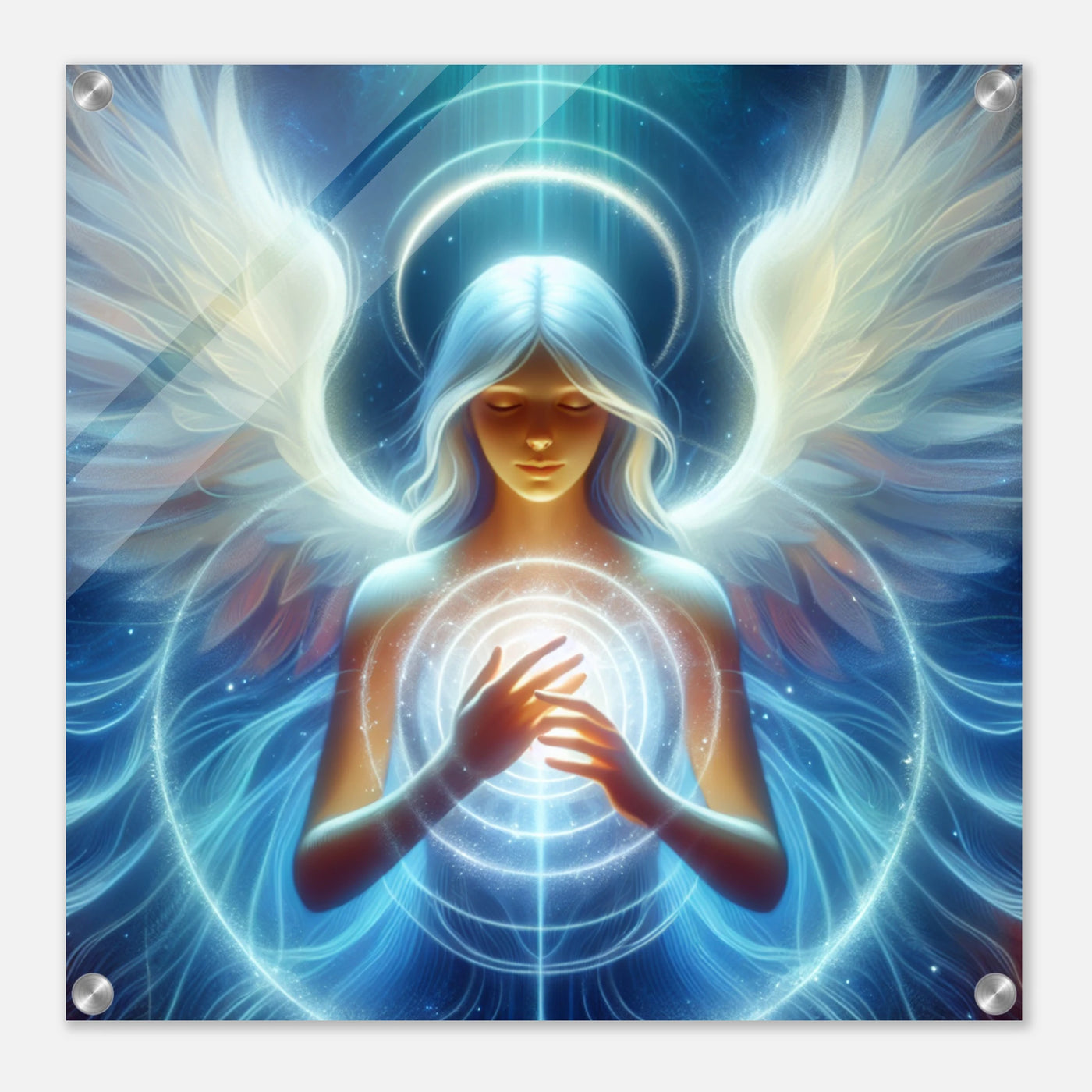 Wohltuende Engelsaura mit strahlendem Herzlicht – heilende Wandkunst in lichtvoller Darstellung