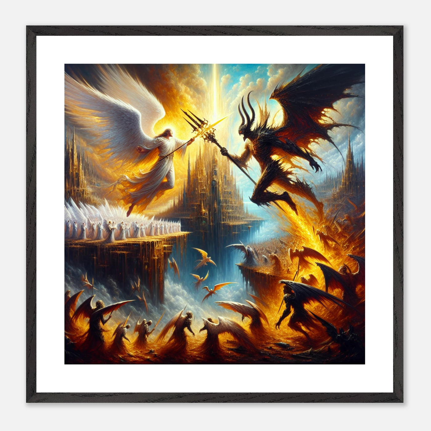 Gerahmtes Premium-Poster: Light vs. Dark, epische Schlacht zwischen guten und bösen Engeln, Heere der Schutzengel gegen Todesengel, Teufel und Dämonen, ideale Wandkunst für Fantasy-Fans und Meditationsräume