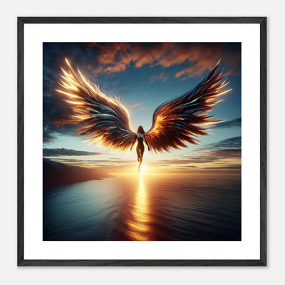 Engel schwebt über ruhigen See im Sonnenuntergang, helle und dunkle Seite, Flügel aus Schatten und Licht, ideale Wandkunst für Wohnzimmer oder Meditationsraum