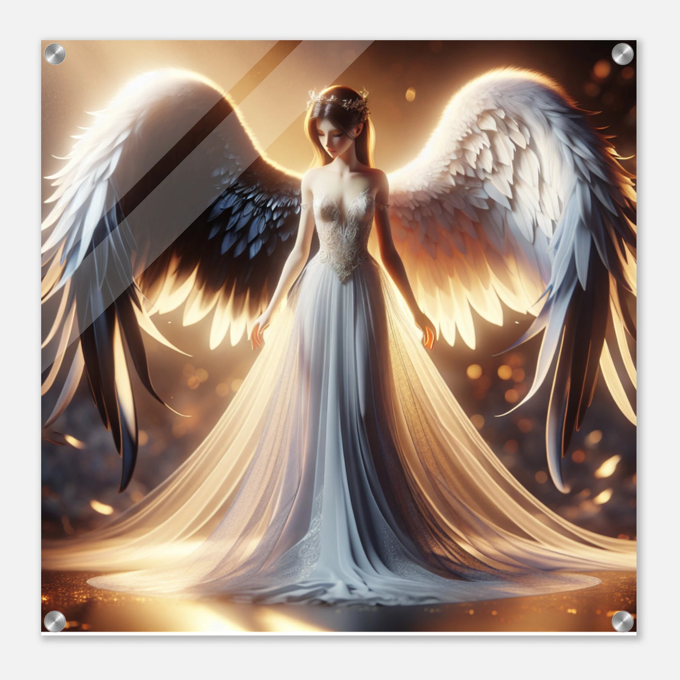 Acrylglasdruck: Engel als Ballerina Tänzerin einer Oper, mit weißen und schwarzen Flügeln, elegante Wandkunst für Tanzliebhaber und Kunstenthusiasten