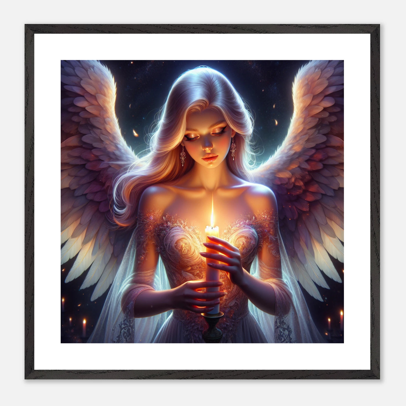 Weiblicher Schutzengel mit Kerze – Poster mit spiritueller Symbolik für Hoffnung und Geborgenheit