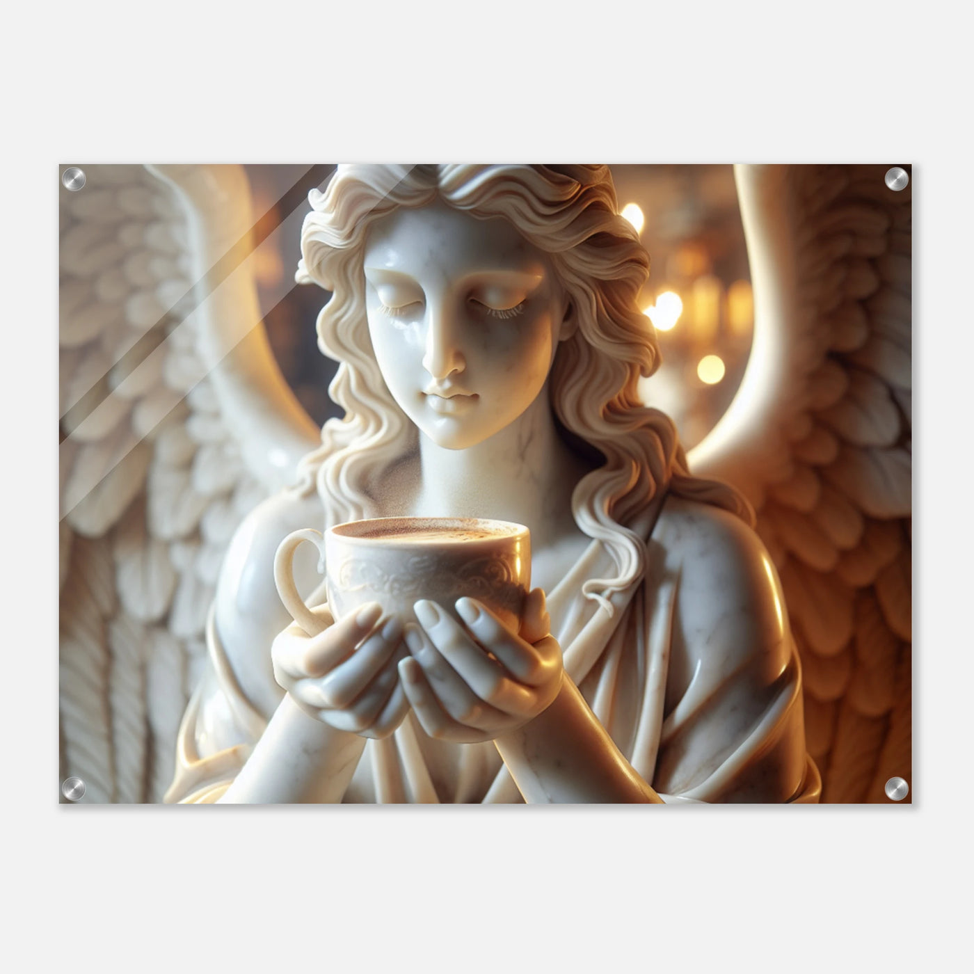 Weiblicher Marmorengel mit Tasse Kaffee, perfekte Wandkunst für Küche oder Café