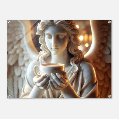 Weiblicher Marmorengel mit Tasse Kaffee, perfekte Wandkunst für Küche oder Café
