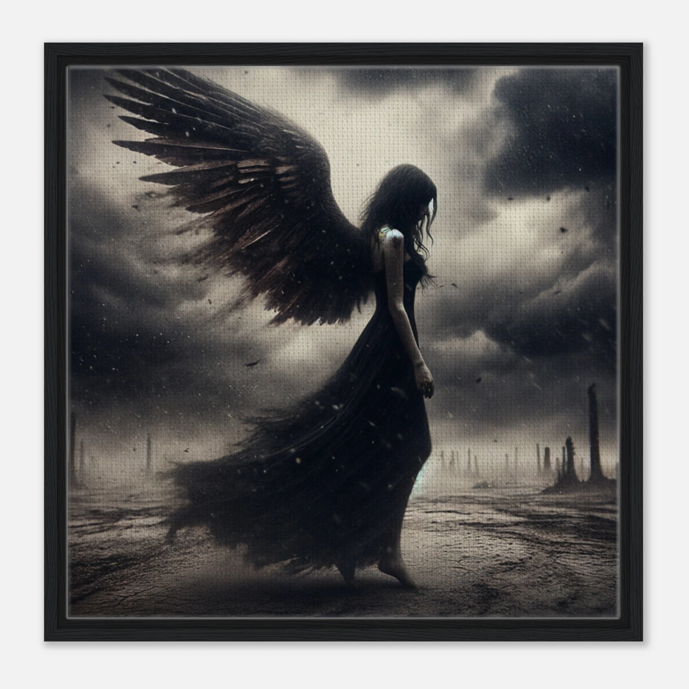 Gerahmte Leinwand: Ashes of the Forsaken, schwarzer Todesengel auf einer Erde aus Staub und Asche, symbolisiert Verzweiflung und Trauer, emotionale Wanddekoration für Wohnzimmer und nachdenkliche Räume