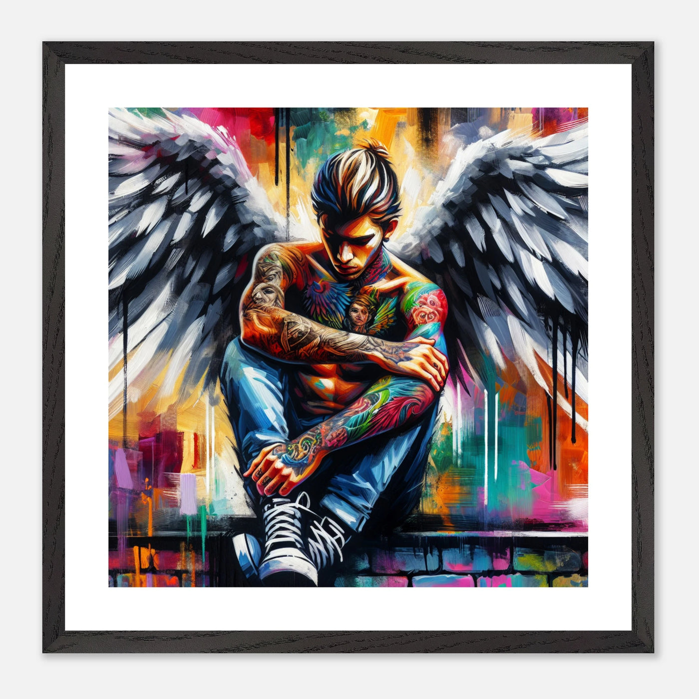 Tattoo-Engel im 50er-Jahre-Stil – junger Mann mit Rockabilly-Frisur, Punk mit weißen Hemd und Engelsflügeln als farbenfrohes Poster