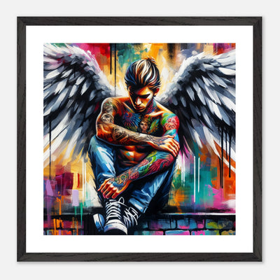 Tattoo-Engel im 50er-Jahre-Stil – junger Mann mit Rockabilly-Frisur, Punk mit weißen Hemd und Engelsflügeln als farbenfrohes Poster
