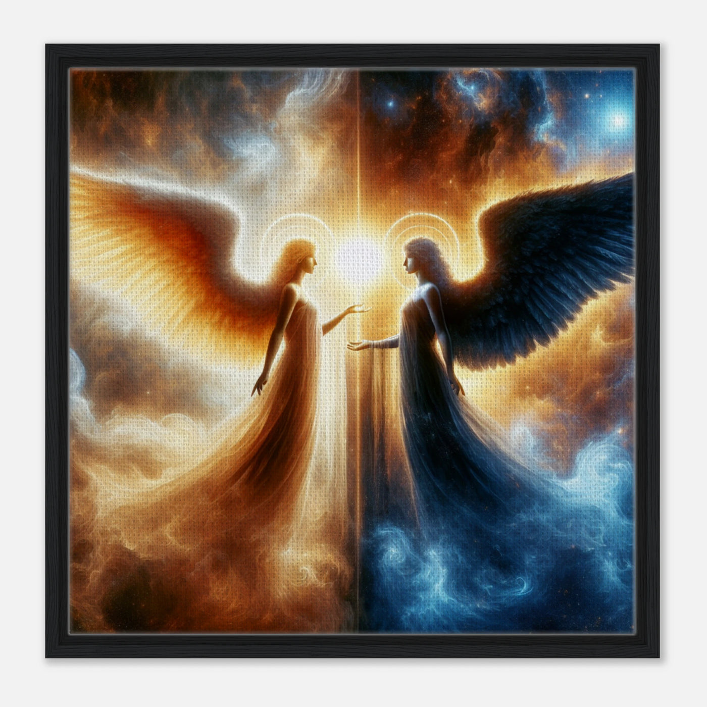 Gerahmte Leinwand: Balance of Power, zwei Engel im Weltraum, heller Schutzengel und dunkler Engel, kontrastreiche Wanddekoration für Wohnzimmer und Büros