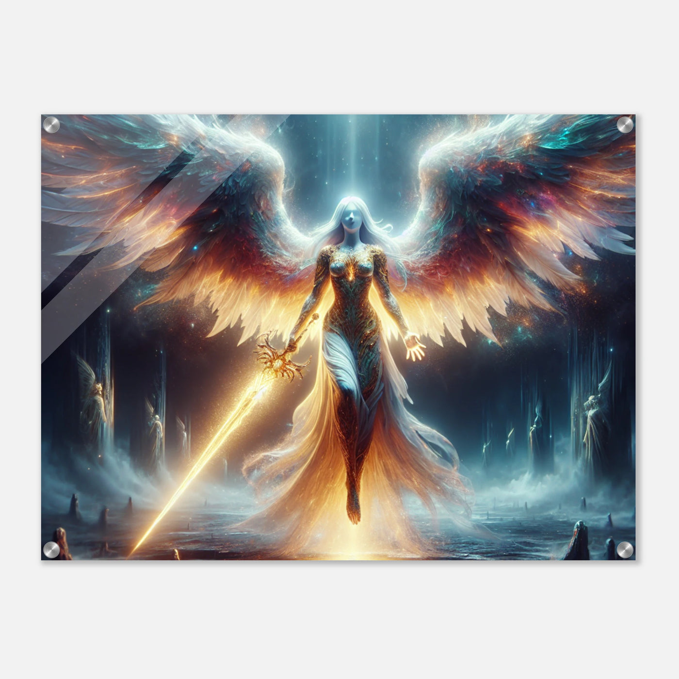 Acrylglasdruck: Lichtbringender Engel mit dem Schwert der Hoffnung steht aus Ruinen auf, symbolisiert Neuanfang und Mut am Ende eines dunklen Tunnels, inspirierende Wandkunst für Kunstliebhaber und Mutige