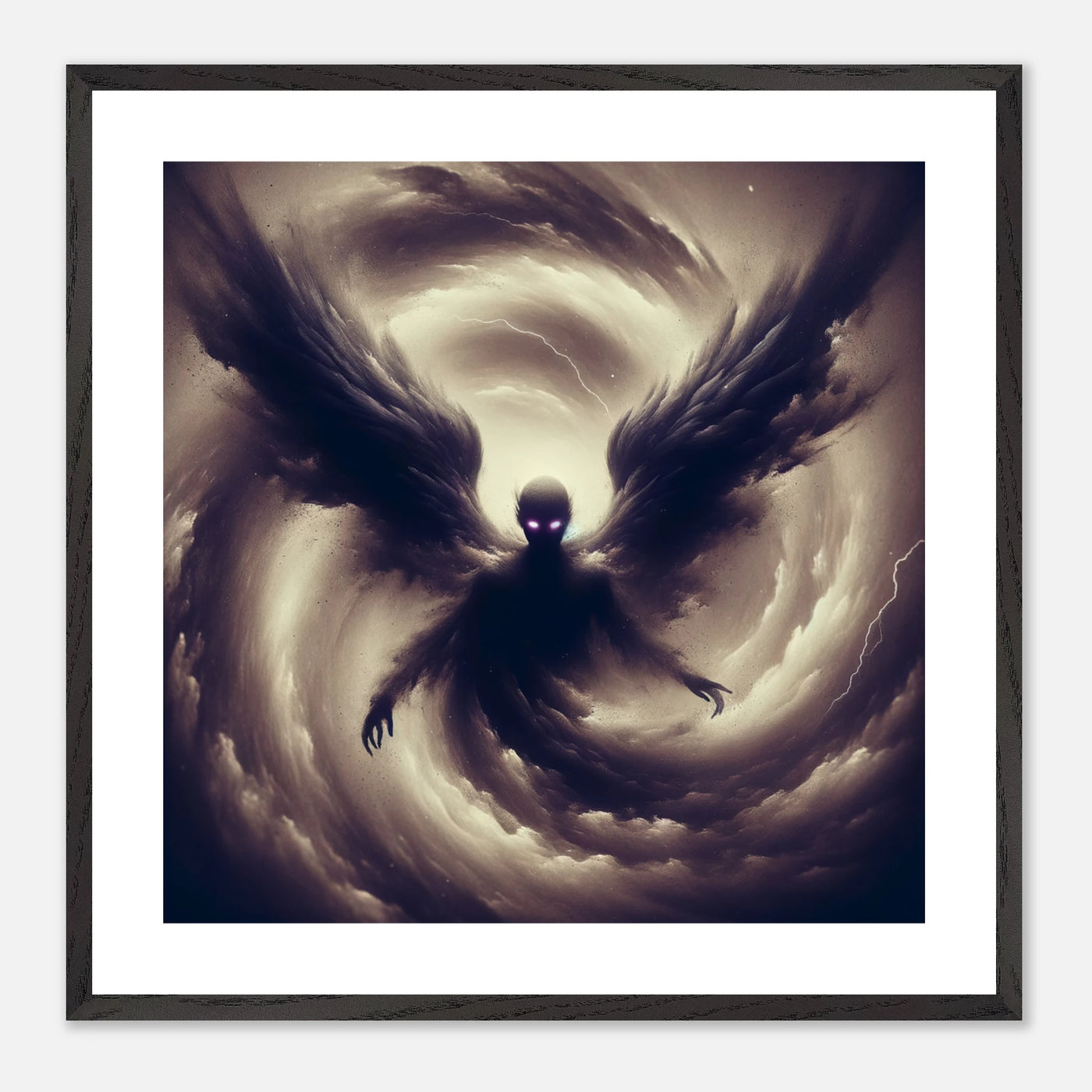 Gerahmtes Premium-Poster: Schattengeist mit Engelsflügeln, als Wolke in einem Sturm oder Hurrikan, düster und unheimlich, ideale Wandkunst für Horror-Enthusiasten und stimmungsvolle Räume