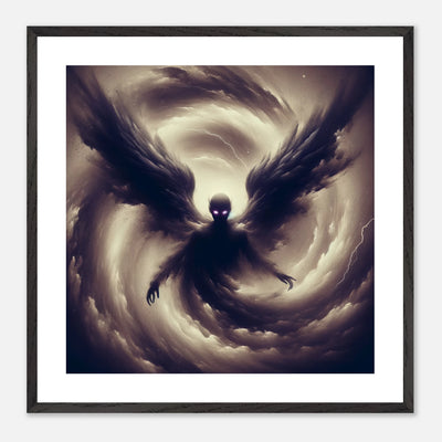 Gerahmtes Premium-Poster: Schattengeist mit Engelsflügeln, als Wolke in einem Sturm oder Hurrikan, düster und unheimlich, ideale Wandkunst für Horror-Enthusiasten und stimmungsvolle Räume