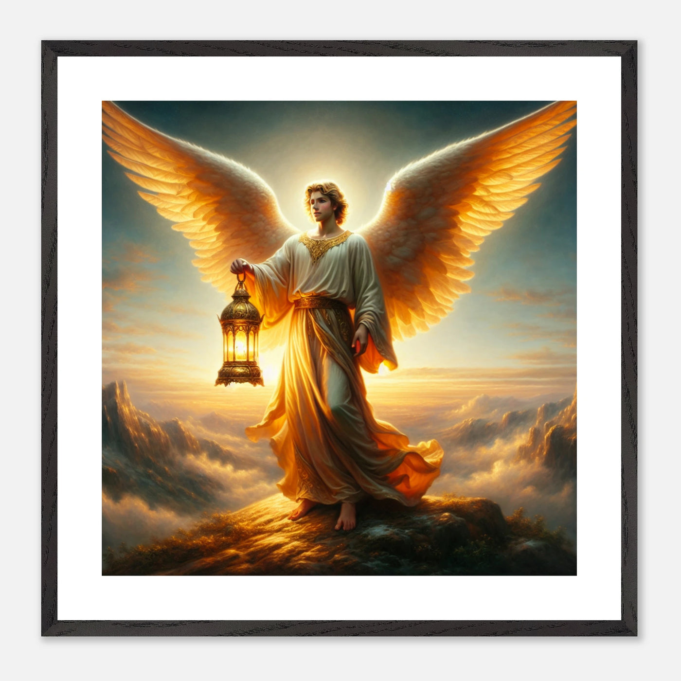 Gerahmtes Premium-Poster: Heiliger Engel mit Laterne auf einem Gipfel eines hohen Berges, Schutzheiliger der Bergsteiger, ideale Wandkunst für Outdoor-Enthusiasten und Bergsteiger