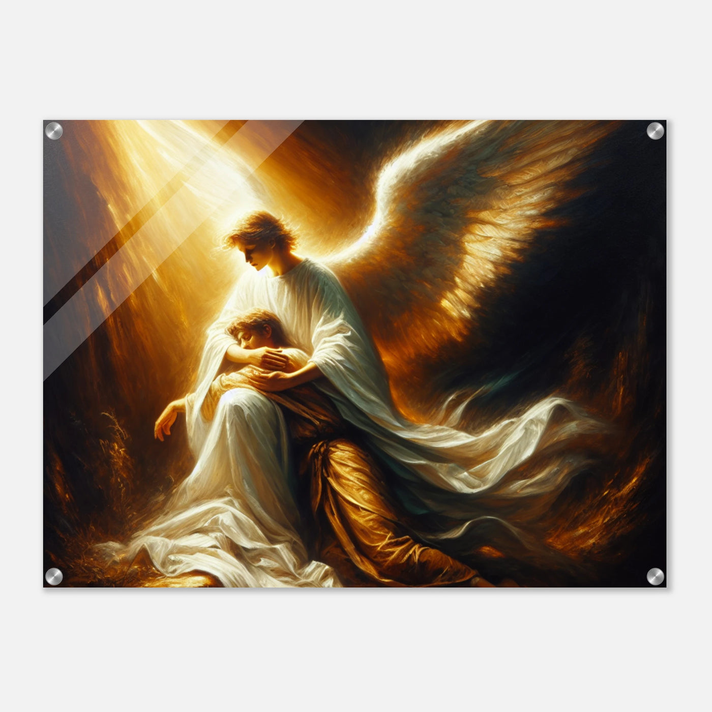 Acrylglasdruck: Schutzengel in weiß gekleidet hält sterbenden Christen im Arm, bietet Seelsorge bis zum letzten Atemzug, eindrucksvolle Wandkunst für Menschen, die Trost und Mitgefühl suchen