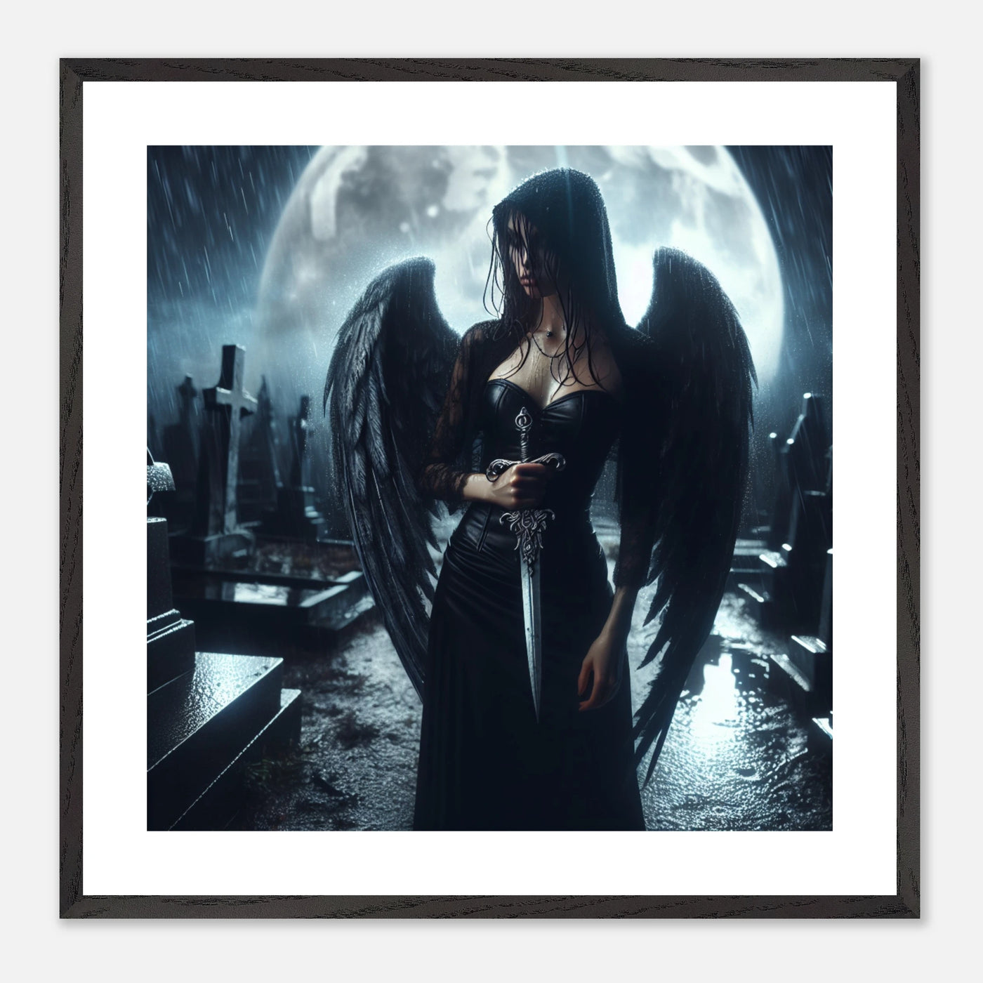 Gerahmtes Premium-Poster: Dunkler melancholischer weiblicher Todesengel mit Dolch auf einem Friedhof, ideale Wandkunst für Gruftis, Gothics und stimmungsvolle Räume