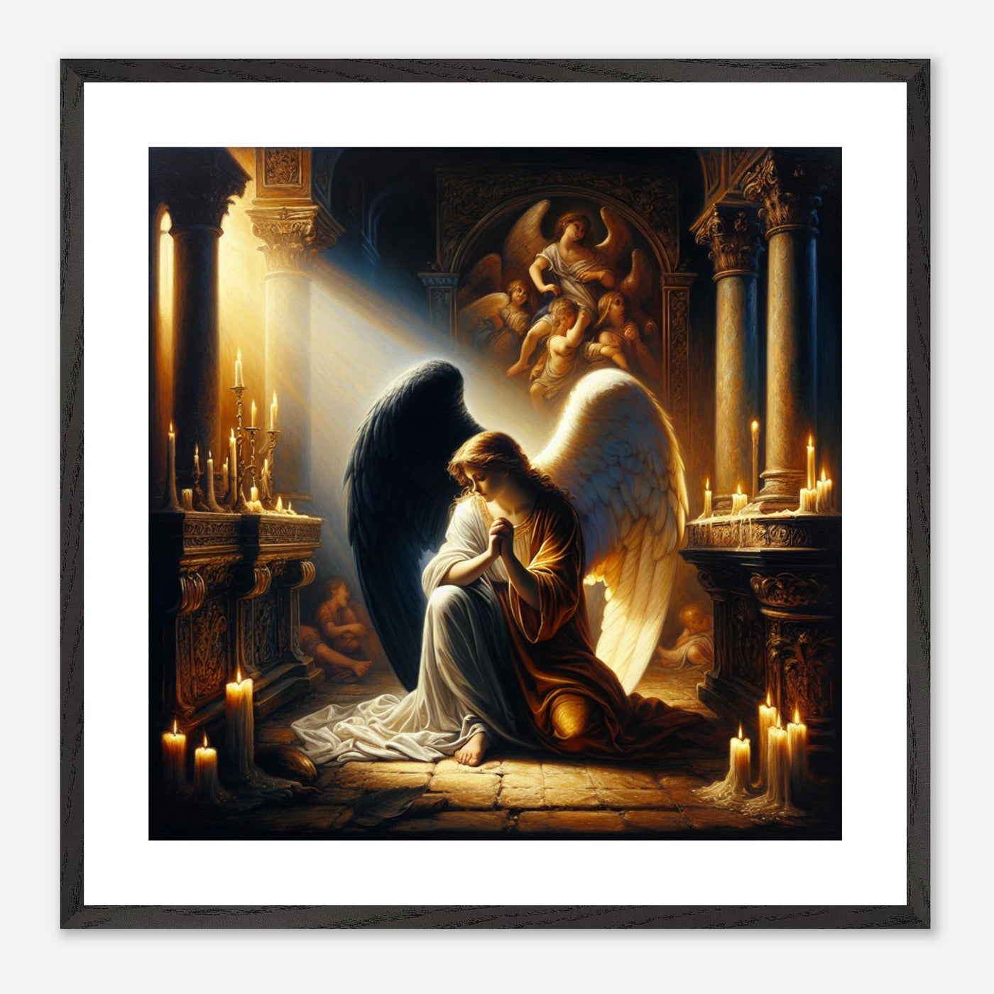 Gerahmtes Premium-Poster: Engel mit schwarzen und weißen Flügeln, betend vor dem Altar einer Kirche im Kerzenschein, ideale Wandkunst für Schlafzimmer oder Gebetsraum