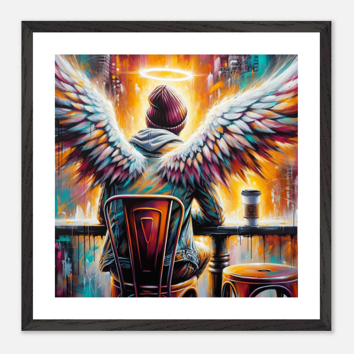 Hipster-Engel im Café mit Heiligenschein – Coffee & Halos Poster, trinkt Kaffee in Acrylfarben
