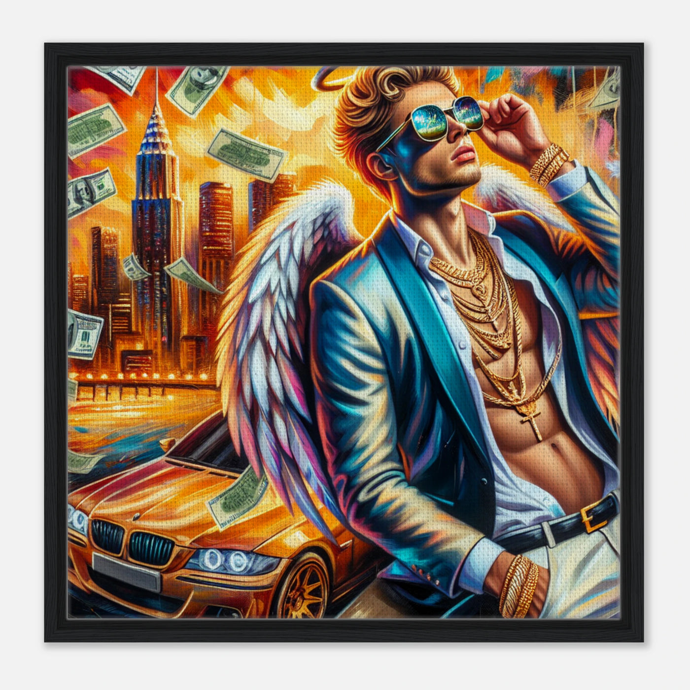 Business-Engel lehnt sich an teurem Auto – Heaven’s Hustle Leinwanddruck mit fliegenden Geldscheinen und Engelsflügeln