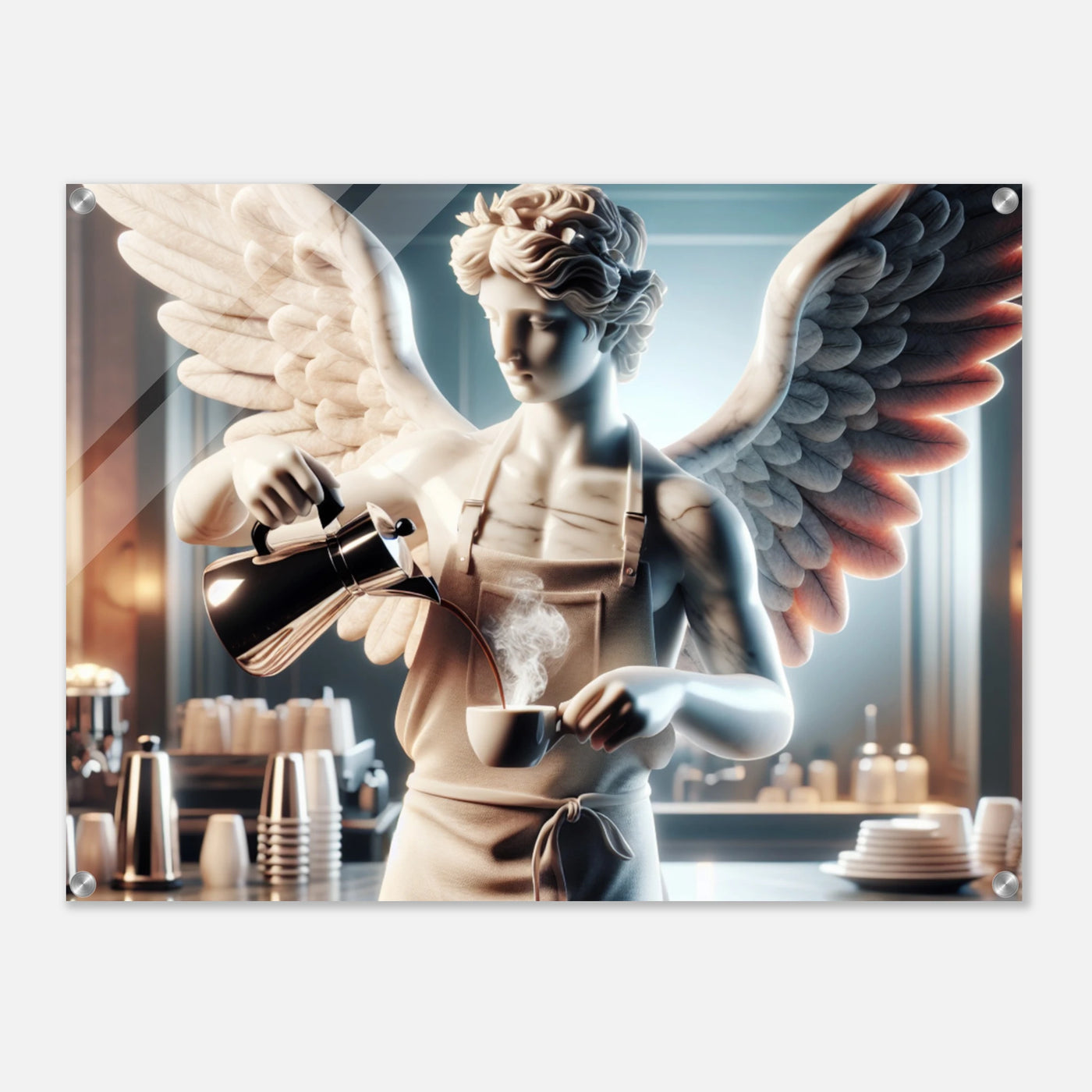 Acrylglasdruck mit Barista Engel mit Kaffeekanne, gießt frischen Espresso ein, perfekte Wandkunst für Küche oder Café