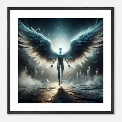 Gerahmtes Premium-Poster: Männlicher Engel steht im Jüngsten Gericht, Welt bereits untergegangen, ideale Wandkunst für nachdenkliche und künstlerische zimmer