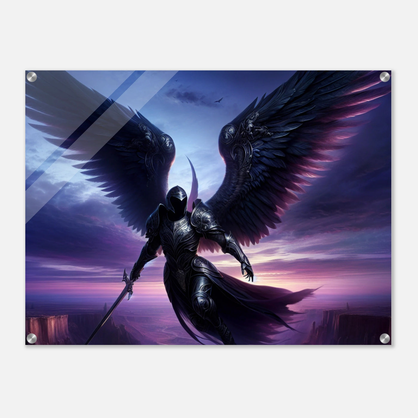 Acrylglasdruck: Geflügelter Ritter in Rüstung fliegt durch die Nacht in violetten Farben, hält Wache und beschützt die Menschen, eindrucksvolle Wandkunst für Fantasy-Fans und Kunstliebhaber