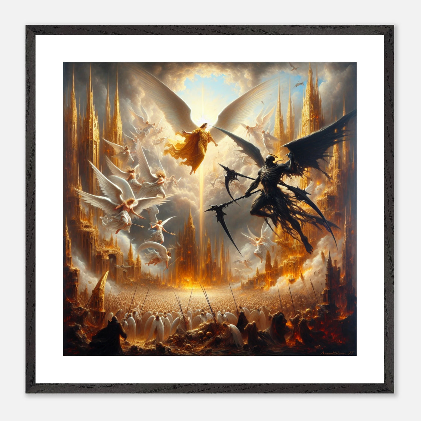 Gerahmtes Premium-Poster: Epische Schlacht im Himmel, Schutzengel gegen dämonischen Engel des Todes, ideale Wandkunst für Fantasy-Fans und Meditationsräume