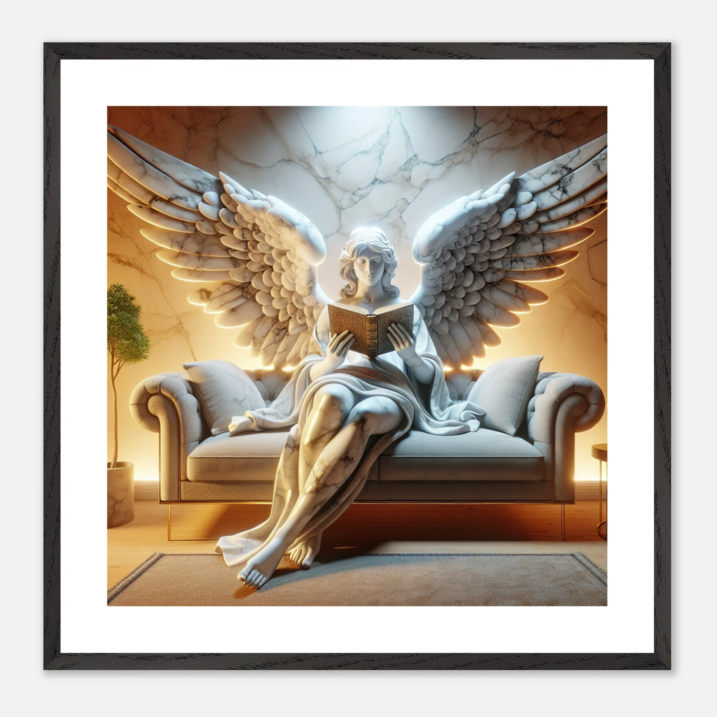 Premium Poster im Rahmen mit Marmorengel, welcher ein gutes Buch liest – moderne Ruhe & gemütliche Ästhetik für dein Zuhause | Dreaming Wings