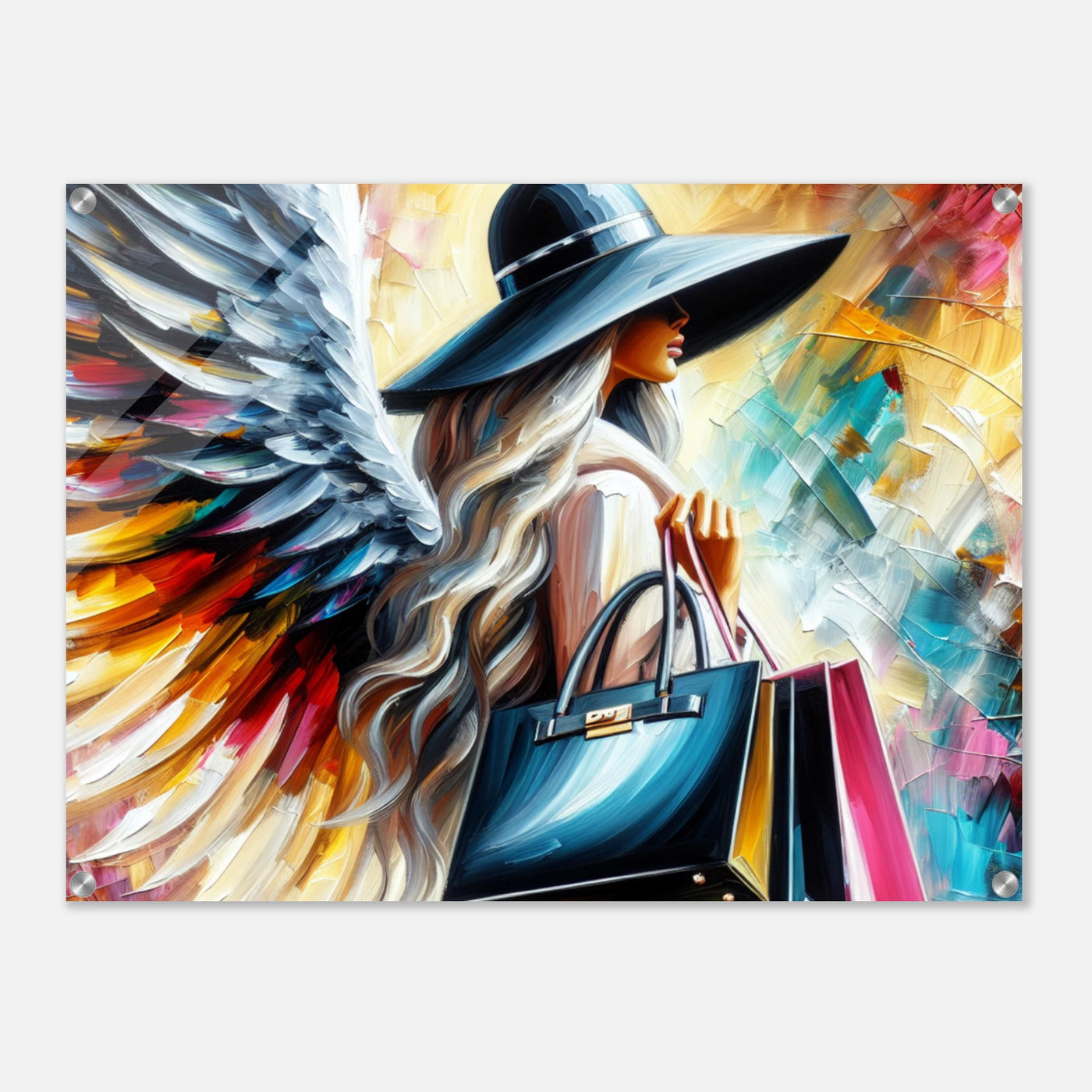 Luxus-Engel mit teuren Handtaschen – Blessed & Boujee Acrylglasdruck, weiblicher Engel auf Shoppingtour

