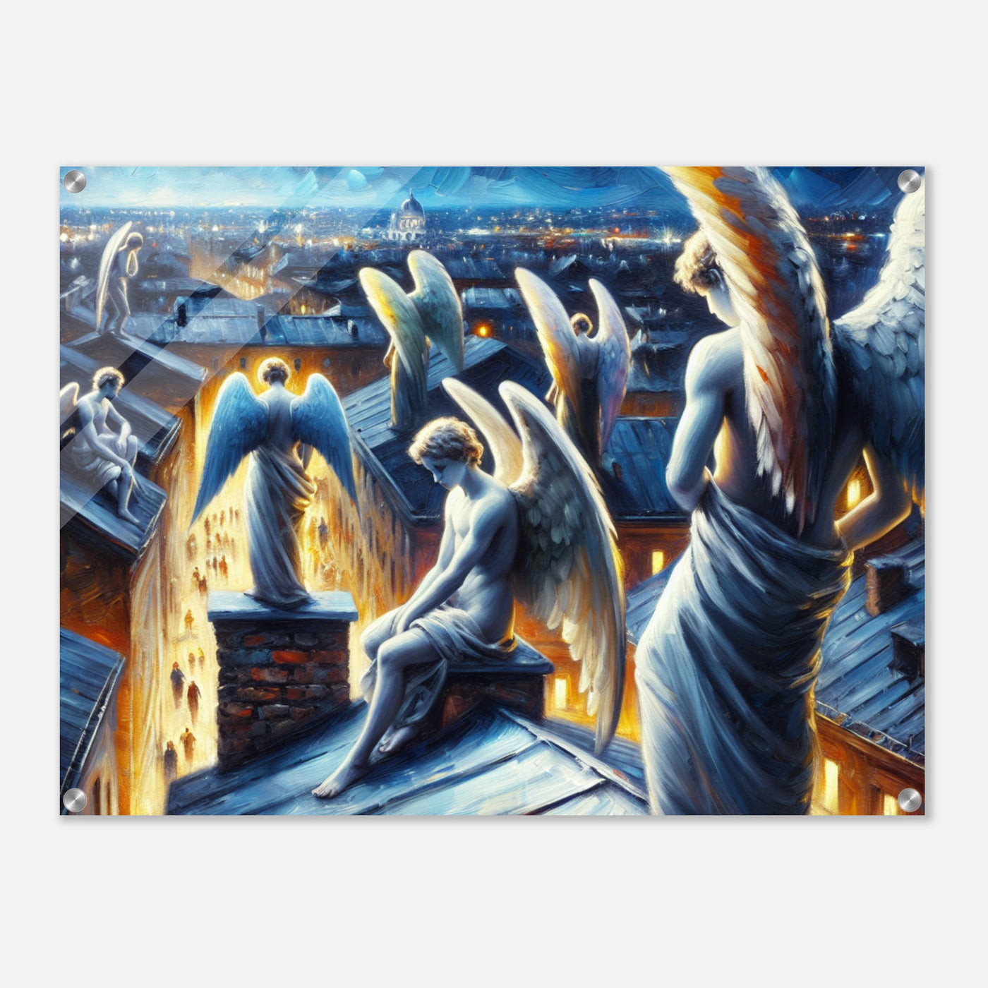 Meer aus Schutzengeln über schlafender Stadt – City of Wings Acrylglasdruck, Menschen unter heiligem Schutz
