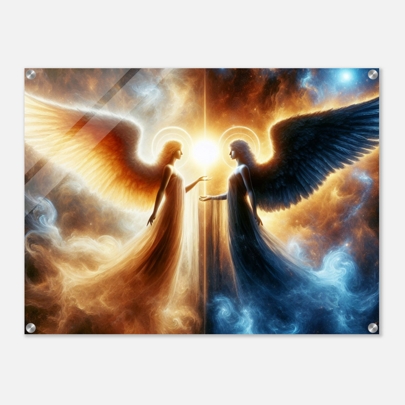 Acrylglasdruck: Zwei Engel im Weltraum gegenübergestellt, heller Schutzengel links und kühler dunkler Engel rechts, eindrucksvolle Wandkunst für Sci-Fi-Fans und Kunstliebhaber