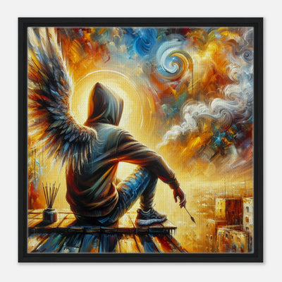 Street-Art Maler mit Engelsflügeln – Leinwandbild eines Kreativen, der sich den Himmel selbst erschafft