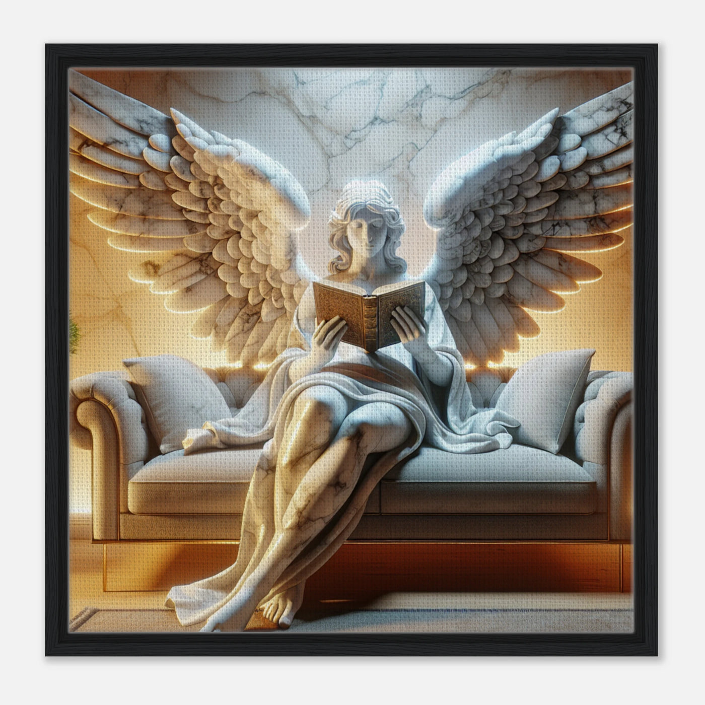 Gerahmte Leinwand für das stilvolle Lesezimmer im Haus - Engel liest Lieblingsbuch mit spannender Geschichte