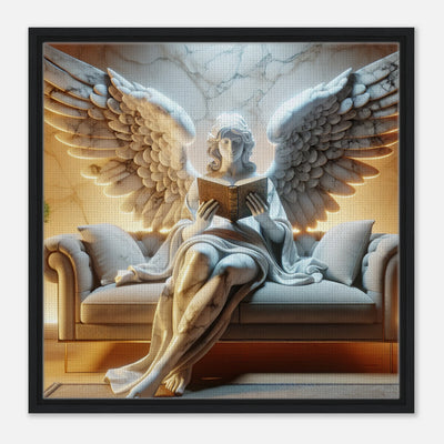 Gerahmte Leinwand für das stilvolle Lesezimmer im Haus - Engel liest Lieblingsbuch mit spannender Geschichte