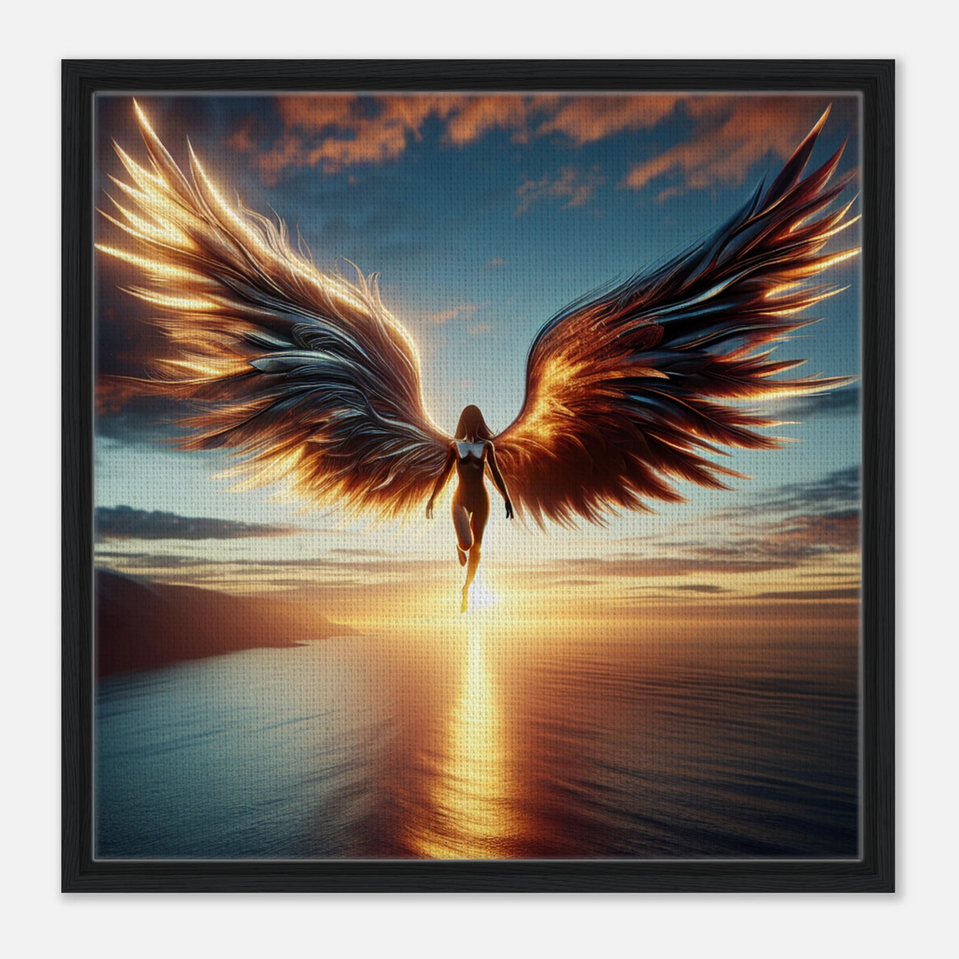Leinwand mit Engelgestalt fliegt über ruhigem See im Sonnenuntergang, helle und dunkle Seite, Flügel aus Schatten und Licht, inspirierende Wanddekoration