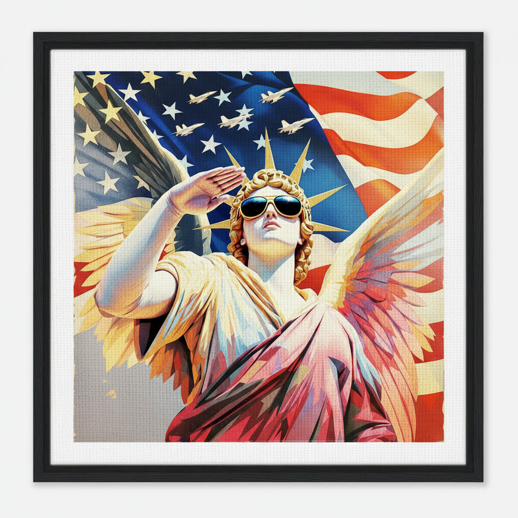 Freiheitsstatue salutiert mit amerikanischer Flagge