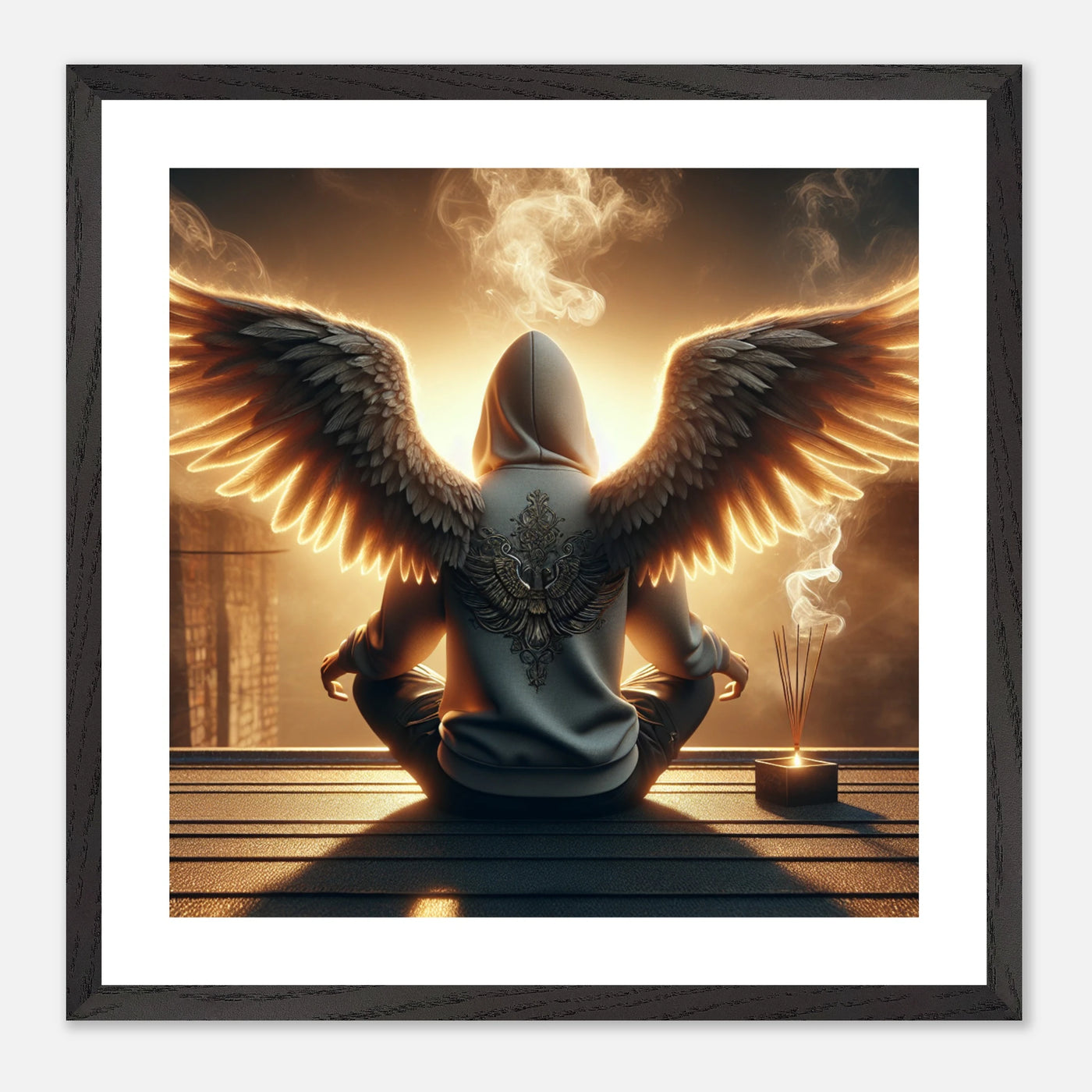 Yoga Engel in Meditation auf Dachterrasse – spirituelles Stadtposter mit Flügeln und urbanem Ausblick