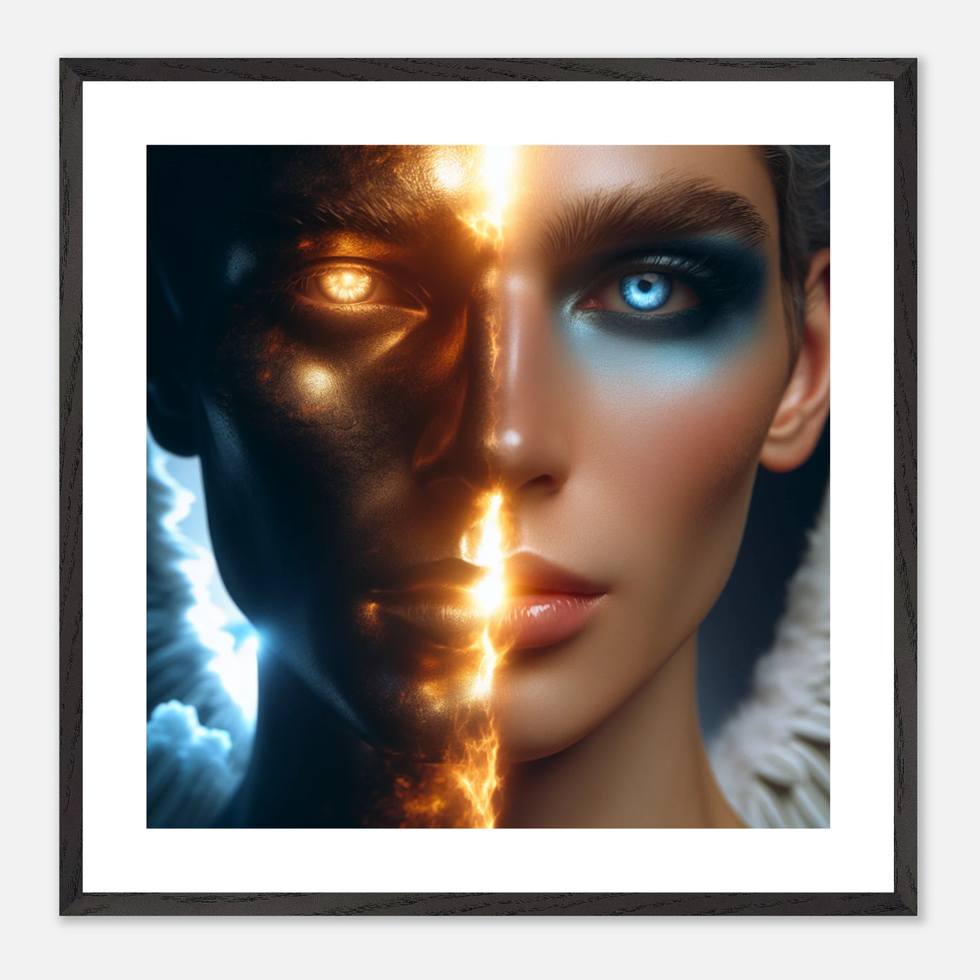 Gerahmtes Premium-Poster: Nahaufnahme eines Engels, Gesicht geteilt in dunkle kühle Seite und wunderschöne hübsche Seite, ideale Wandkunst für Meditationsräume und spirituelle Zentren