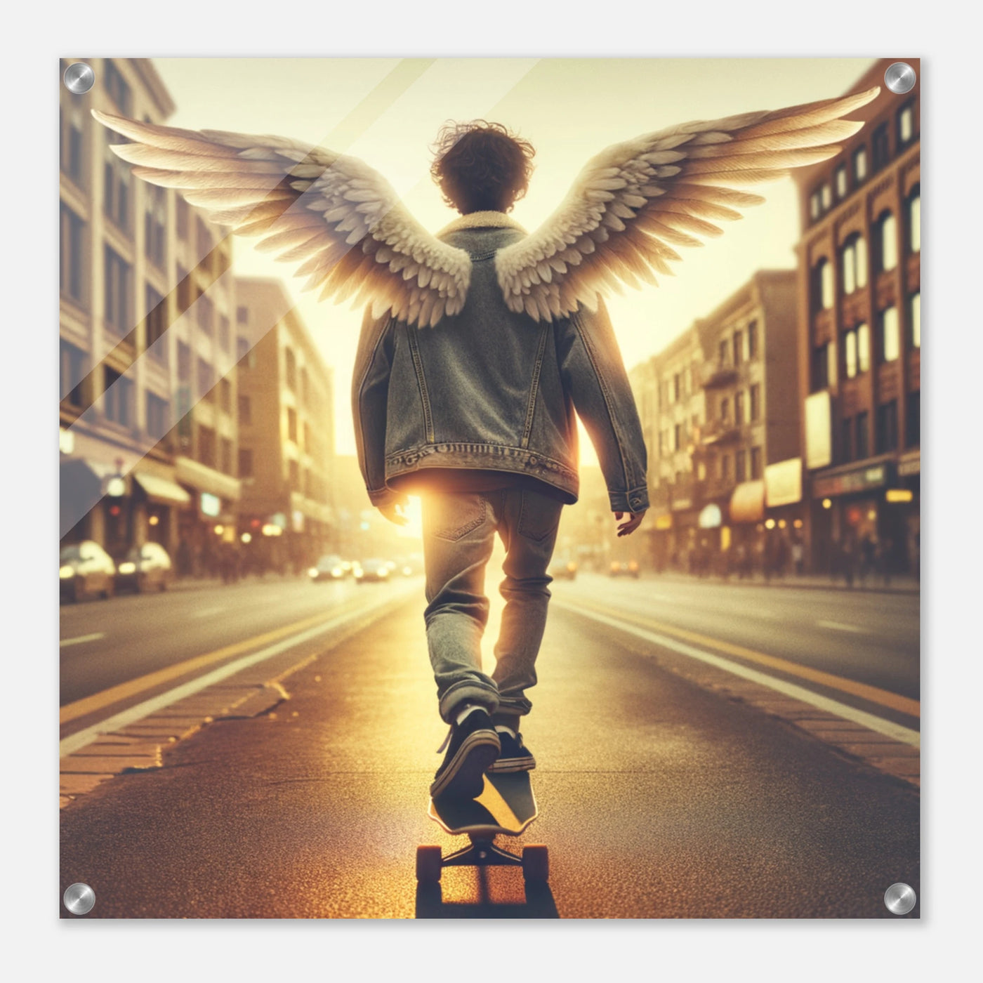 Engel-Skaterkind in der Golden Hour – Golden Hour Guardian Skater Kid Acrylglasdruck, himmlische Reise mit Skateboard
