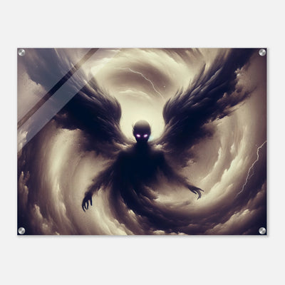 Acrylglasdruck: Schattengeist mit Engelsflügeln, als Wolke in einem Sturm oder Hurrikan, düster und unheimlich, fesselnde Wandkunst für Horror-Fans und Kunstliebhaber