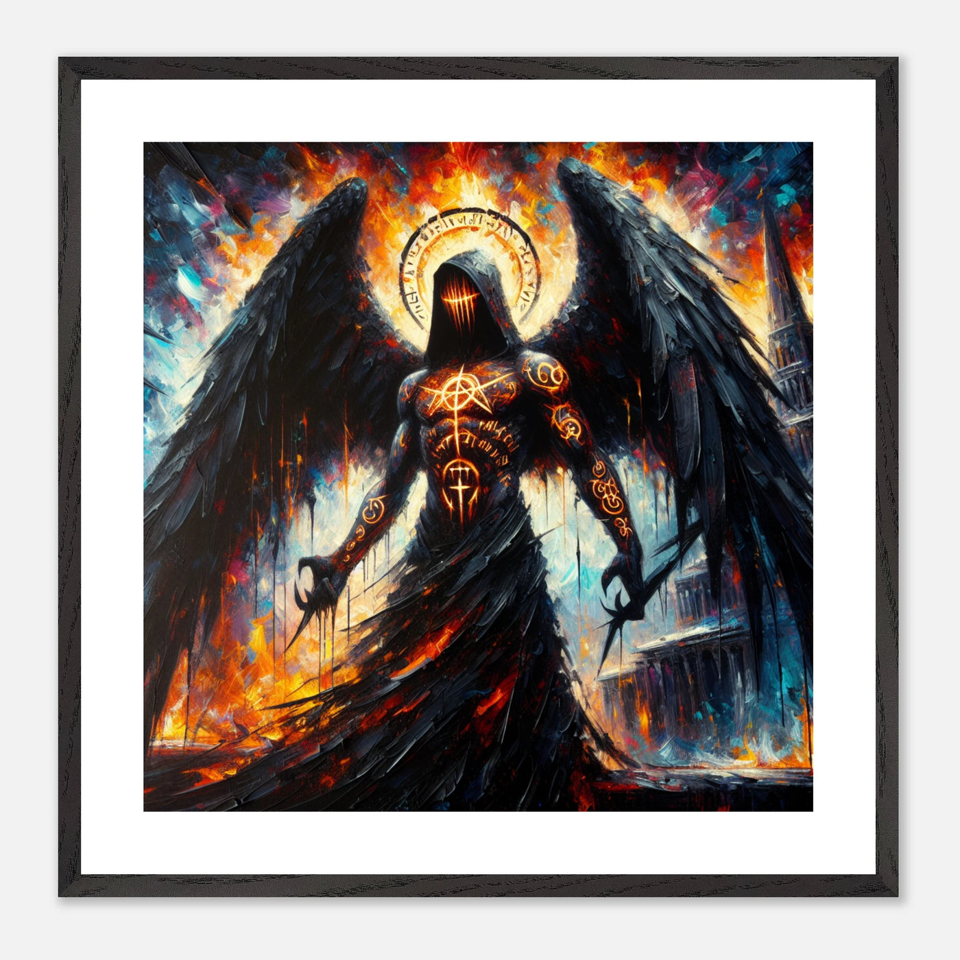 Gerahmtes Premium-Poster: Todesengel bemalt mit geheimnisvollen Runen und mysteriösen Zeichen, Wächter des Eingangs zur Hölle, ideale Wandkunst für Mystik-Enthusiasten und stimmungsvolle Räume