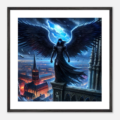 Gerahmtes Premium-Poster: Todesengel mit großen schwarzen Schwingen und leuchtend blauen Augen, steht auf einem Dach über einer Stadt bei Nacht, unheimliche Szene, ideale Wandkunst für Horror-Enthusiasten und stimmungsvolle Räume