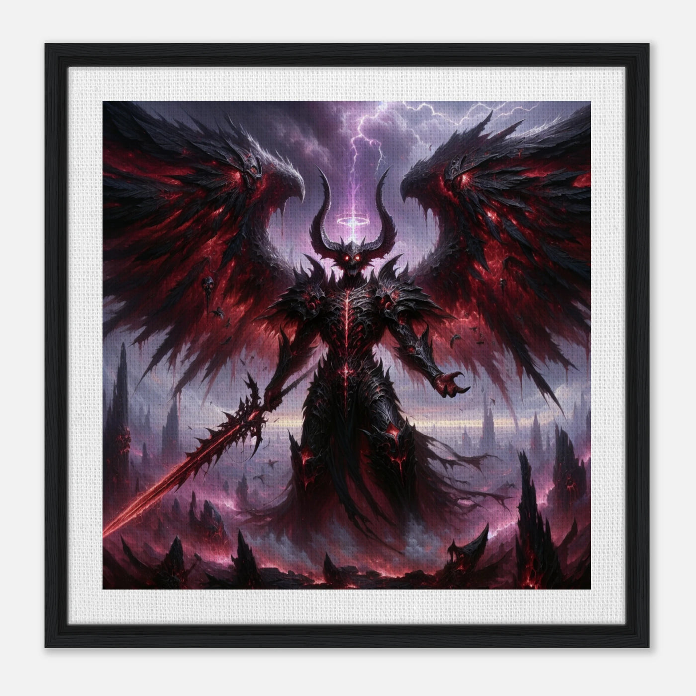 Gerahmte Leinwand: The Fallen King, mächtiger Dämonenkönig mit dunklen Flügeln und Schwert der Vernichtung, epische Wanddekoration für Spielzimmer und Fantasy-Fans