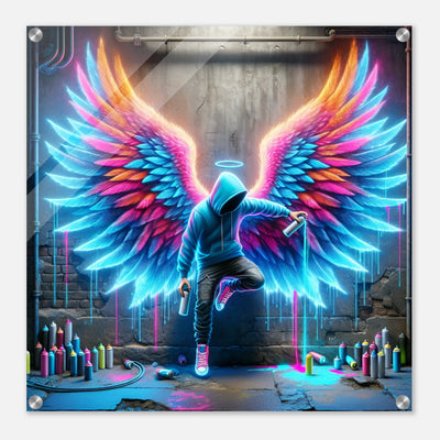 Neonfarbenes Graffiti eines Engelsflügel-Kunstwerks – moderner Straßenkünstler mit Heiligenschein als Acrylbild