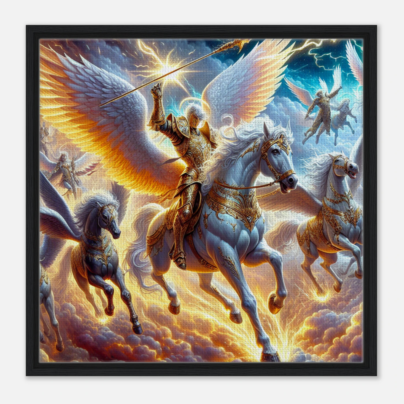 Dramatische Schlacht der Himmelskrieger auf leuchtender Leinwand – spirituelle Wanddeko mit Engeln