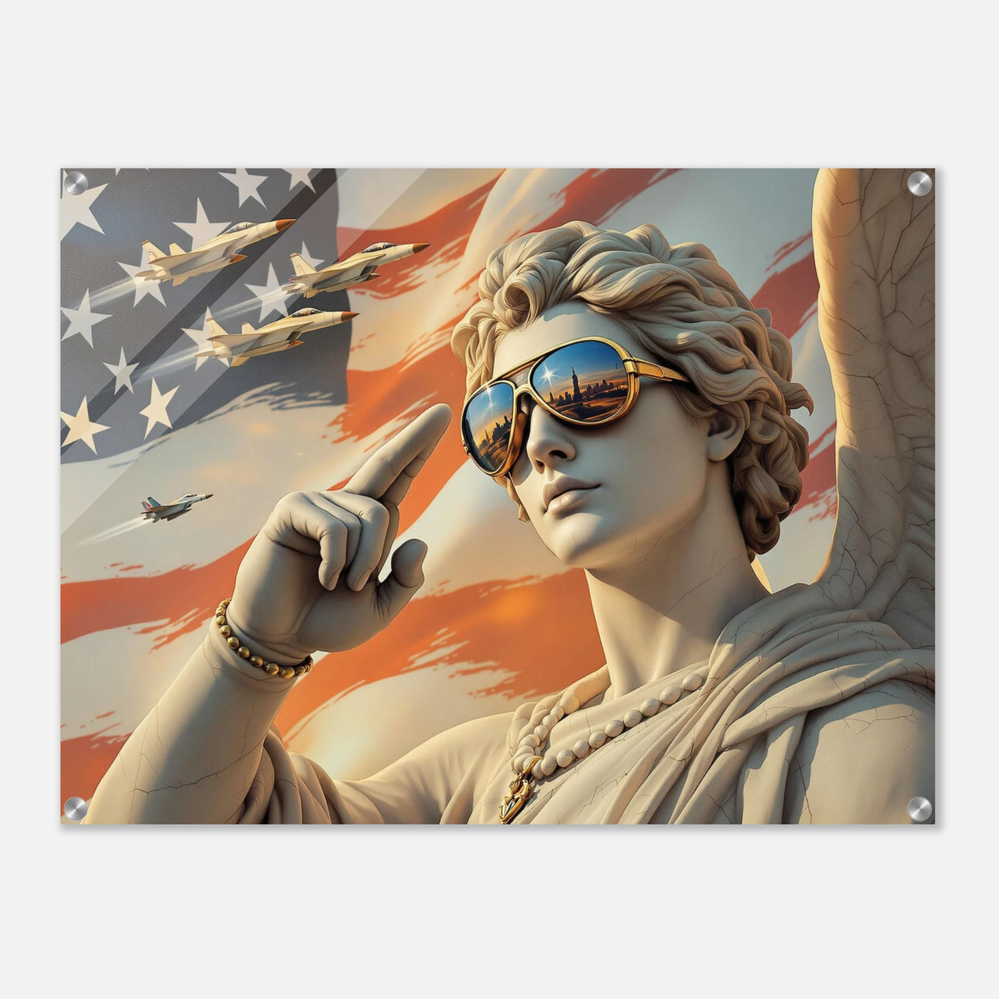 Cooler Engel mit Pilotenbrille und amerikanischer Flagge im Hintergrund