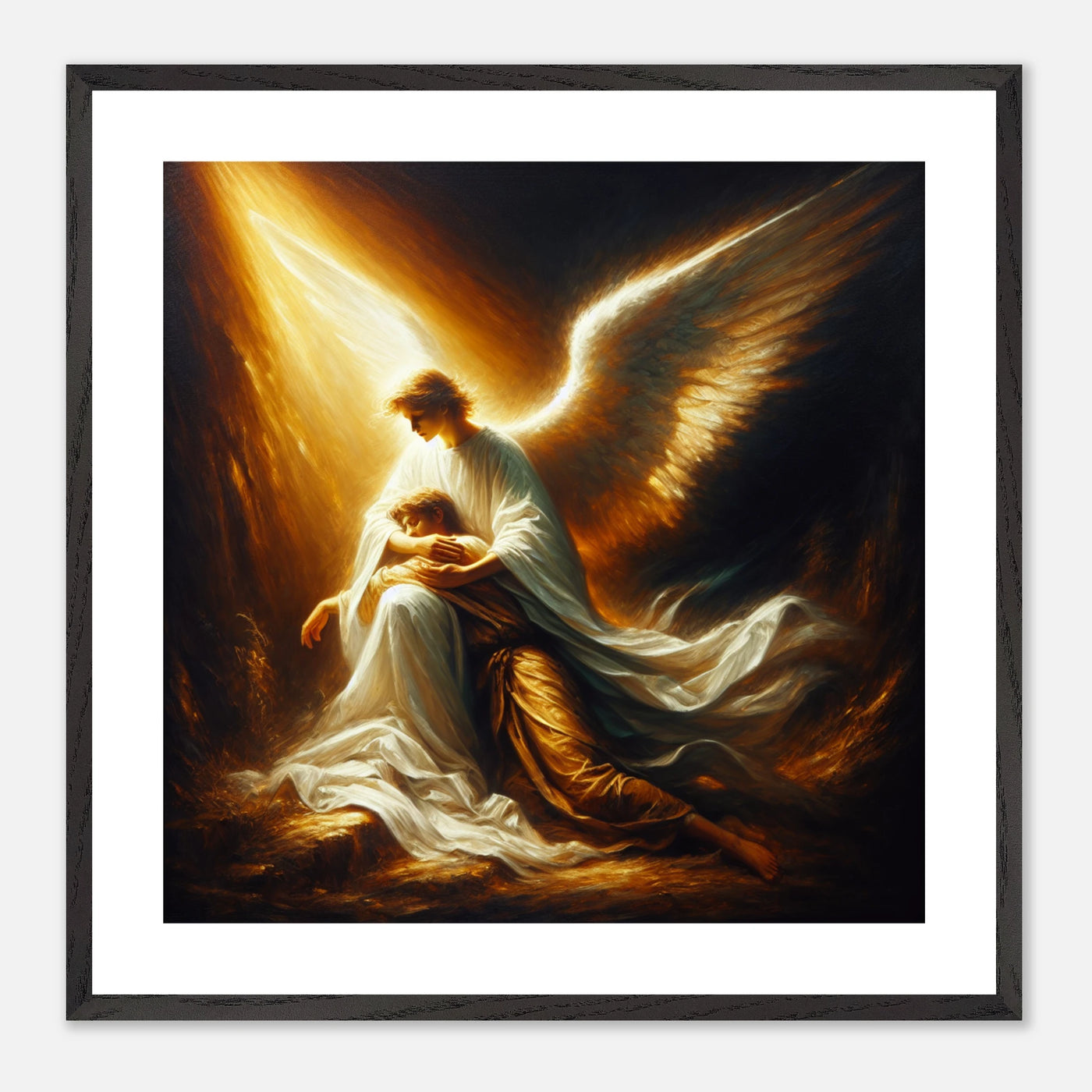 Gerahmtes Premium-Poster: Schutzengel in weiß gekleidet hält sterbenden Christen im Arm, bietet Seelsorge bis zum letzten Atemzug, ideale Wandkunst für Orte der Ruhe und spirituellen Unterstützung