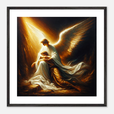 Gerahmtes Premium-Poster: Schutzengel in weiß gekleidet hält sterbenden Christen im Arm, bietet Seelsorge bis zum letzten Atemzug, ideale Wandkunst für Orte der Ruhe und spirituellen Unterstützung