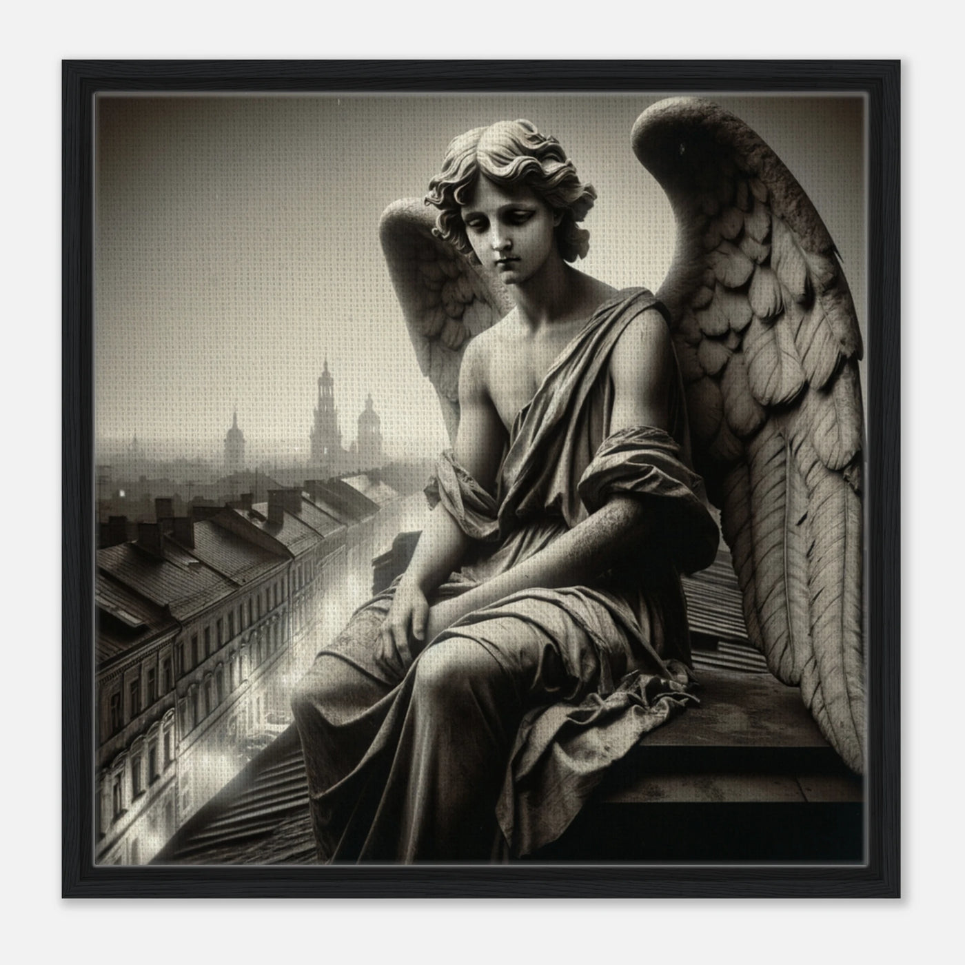 Gerahmte Leinwand: The Silent Guardian, Engel in Schwarz-Weiß-Optik, sitzt traurig auf einem Dach und schaut enttäuscht auf die Menschen, emotionale Wanddekoration für Wohnzimmer und reflektierende Räume