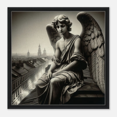 Gerahmte Leinwand: The Silent Guardian, Engel in Schwarz-Weiß-Optik, sitzt traurig auf einem Dach und schaut enttäuscht auf die Menschen, emotionale Wanddekoration für Wohnzimmer und reflektierende Räume