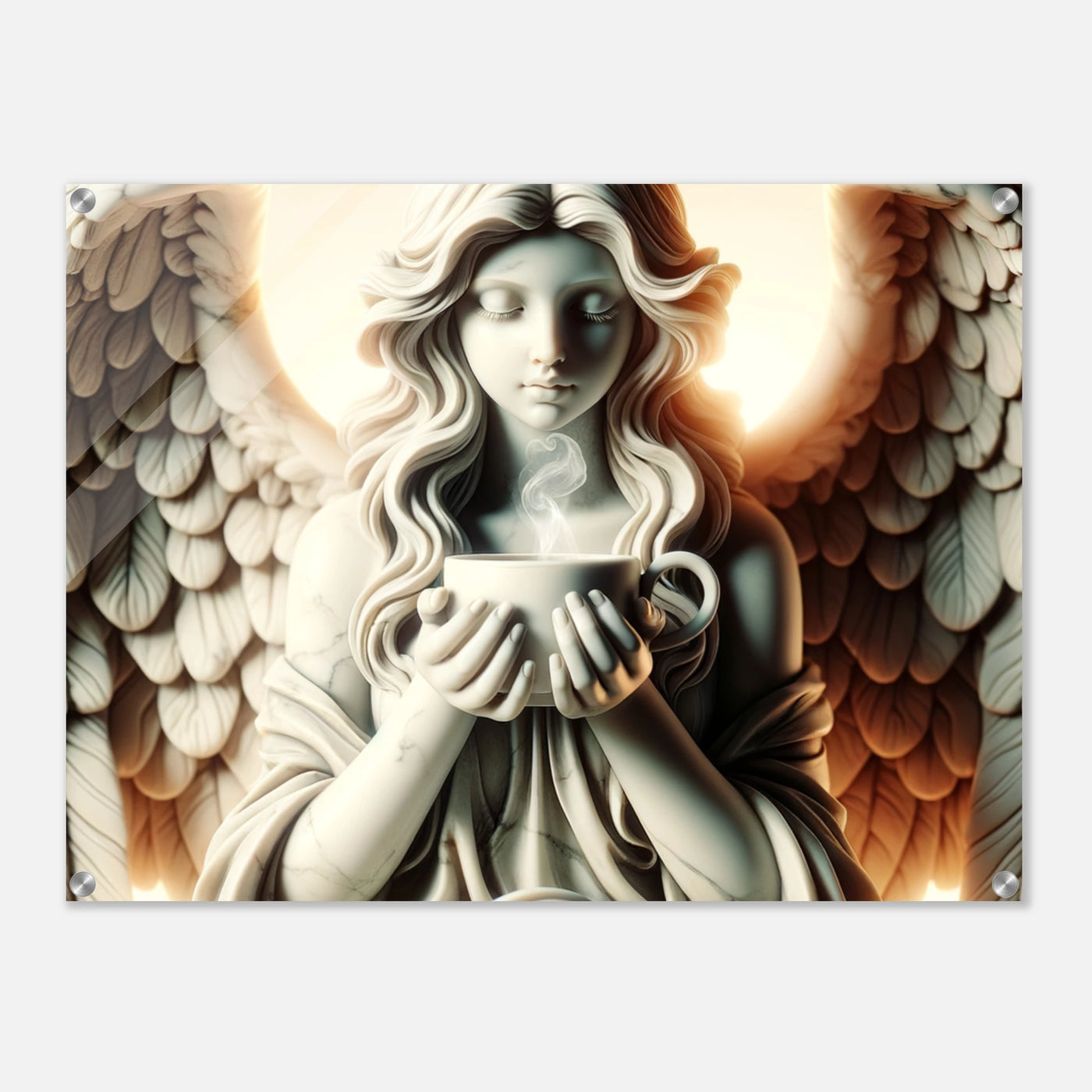 Acrylglas mit Engel aus Marmor hält eine Tasse Tee, strahlt Ruhe und Geborgenheit aus, helles Licht im Hintergrund, inspirierende Wanddekoration