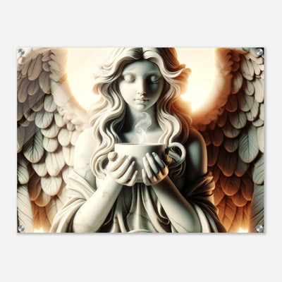 Acrylglas mit Engel aus Marmor hält eine Tasse Tee, strahlt Ruhe und Geborgenheit aus, helles Licht im Hintergrund, inspirierende Wanddekoration