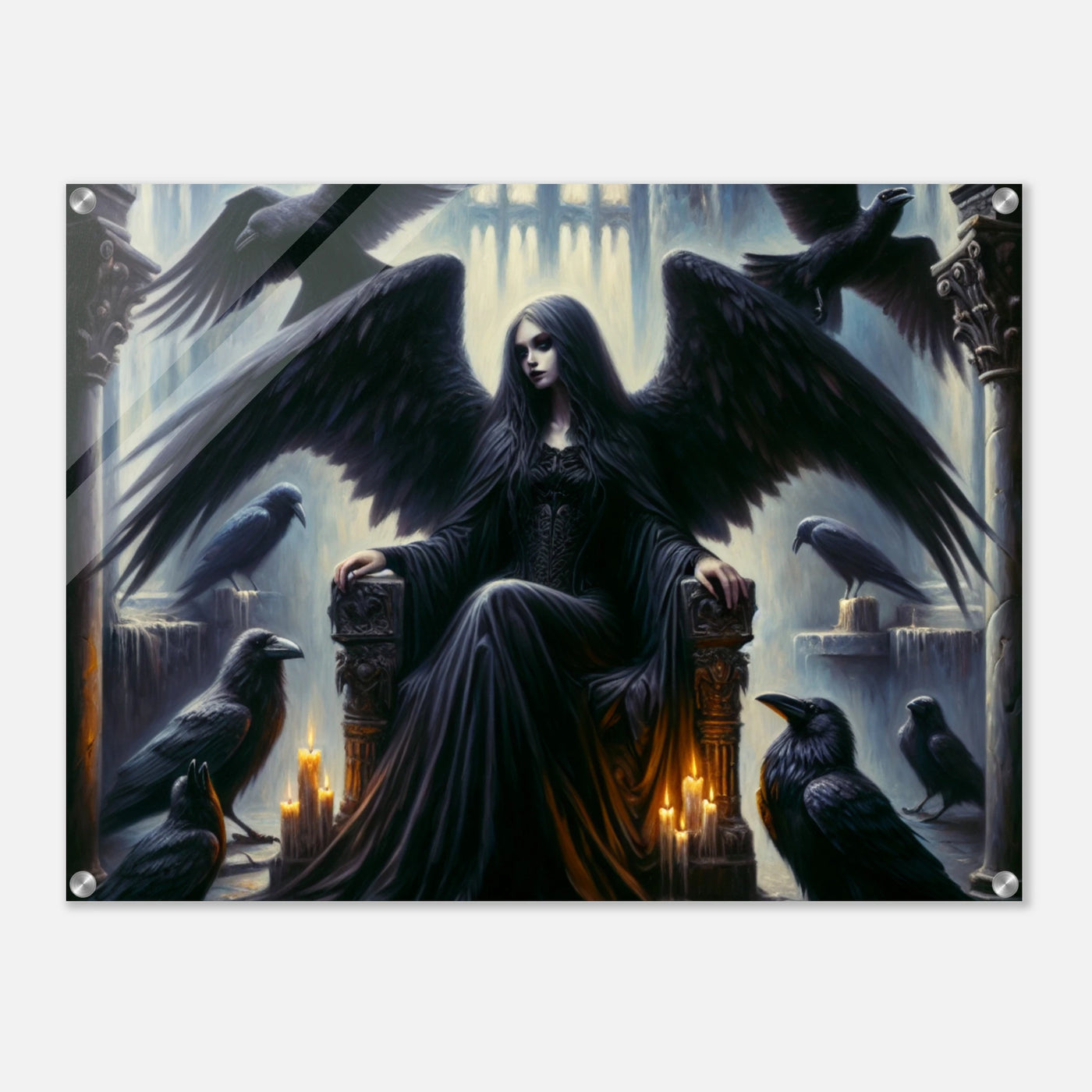 Acrylglasdruck: Düsterer weiblicher Engel auf zerstörtem Thron, umgeben von schwarzen Raben, fesselnde Wandkunst für Gruftis, Gothics und melancholische Seelen